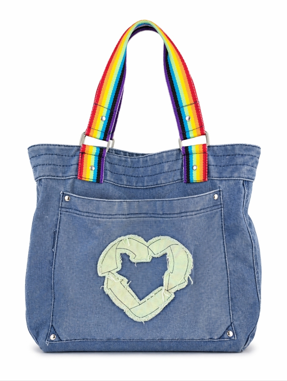 Canvas Tote Bag Rainbow Strap Heart Patch Cotton Large Snap Pocket bohemian
